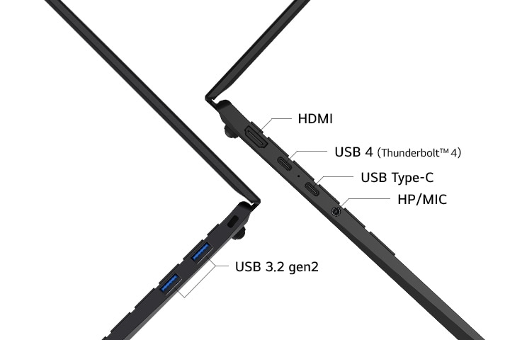 La imagen destaca los puertos laterales de un portátil, incluidos un HDMI 2.1, un USB 4 (Thunderbolt™ 4), dos USB 3.2 gen2, toma de audio y  una ranura para tarjetas Micro SD. Muestra las versátiles opciones de conectividad del portátil.